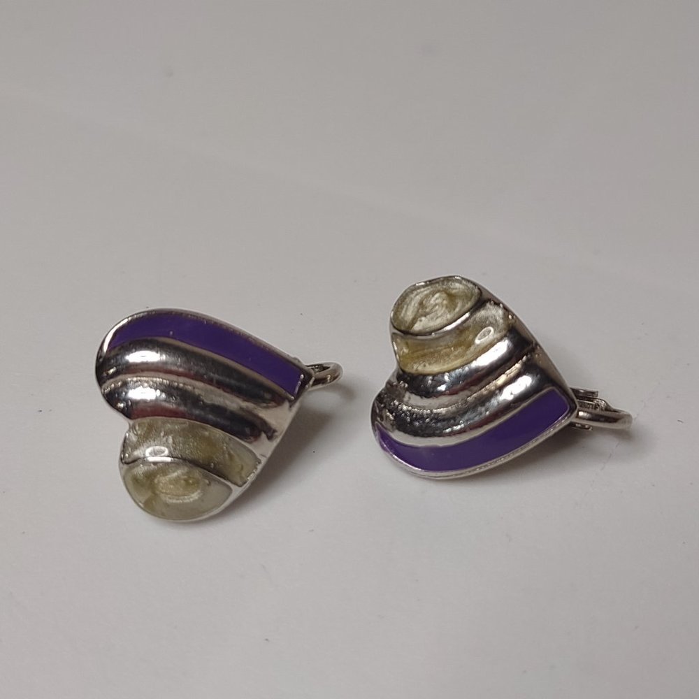 Purple And Silver Tone Vintage Heart Clip On Earrings